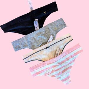 Victoria's Secret NWT Size S/P Set of 4 Thong Panties Pink Stripe Black Gray